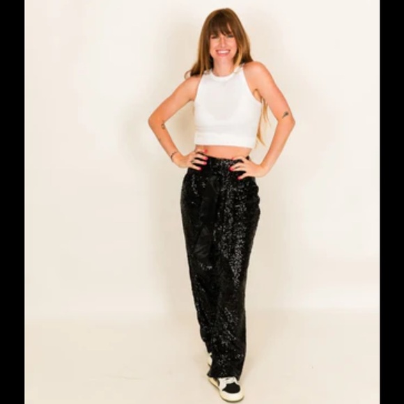 NWT Musera Sequins Wide Leg Pants Drawstring Small Black - Picture 1 of 3